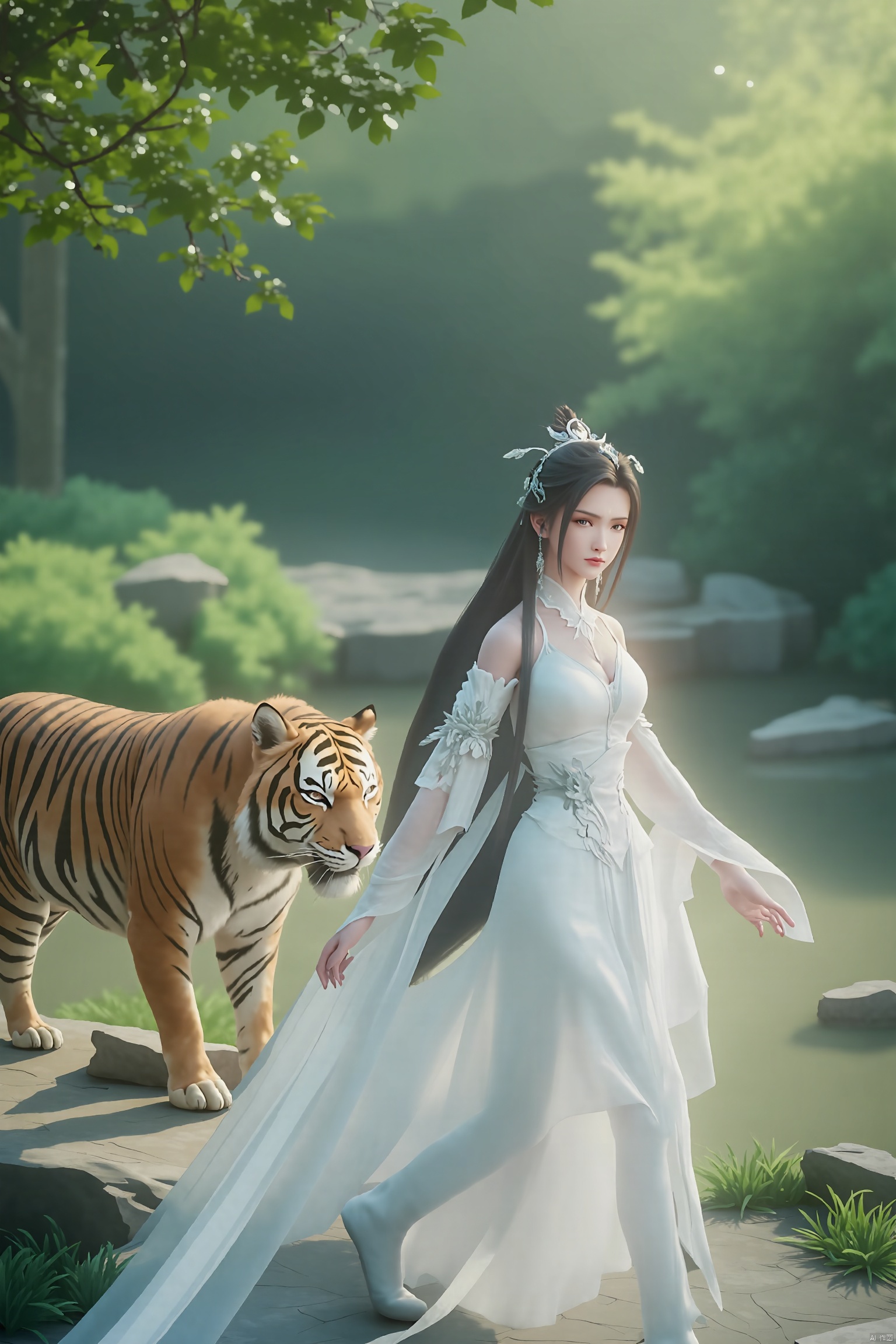 A majestic palace garden serves as the serene backdrop for a stunning fantasy empress. Wearing a flowing white hanfu, adorned with intricate traditional Chinese patterns, she exudes ethereal beauty. The fabric of her dress seems to shimmer in harmony with the lush greenery and tranquil pond's gentle ripples. A regal tiger, majestic in its own right, strolls beside her, as if acknowledging her authority. The soft morning light casts a warm glow on their serene scene, where ancient Chinese elegance meets fantastical wonder.