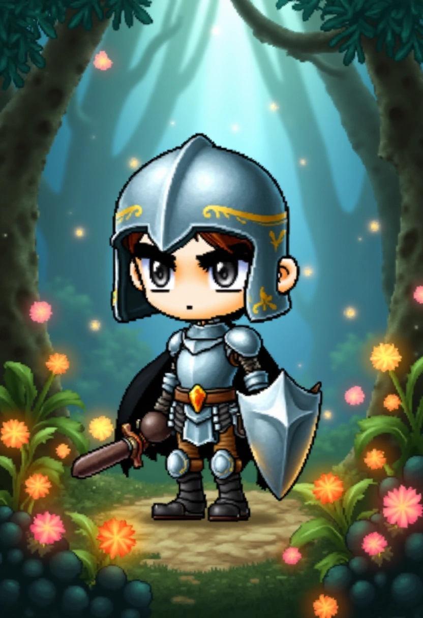 A small,  chibi-style knight in silver armor wielding a large shield,  standing in a mystical forest. The background is fi...