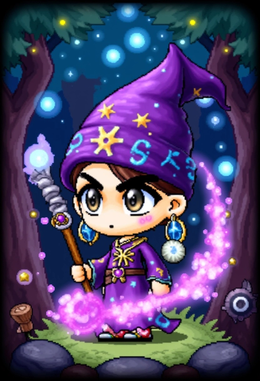 A chibi-style mage with large,  glowing eyes and flowing purple robes,  casting a powerful spell in a vibrant forest. Magi...