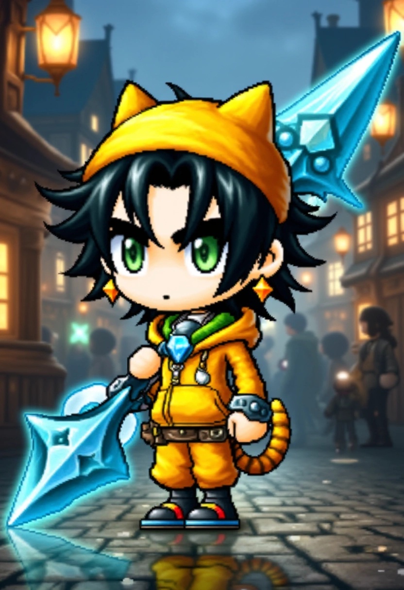 A chibi warrior with wild,  tousled black hair and sharp,  glowing green eyes on Tensor.Art