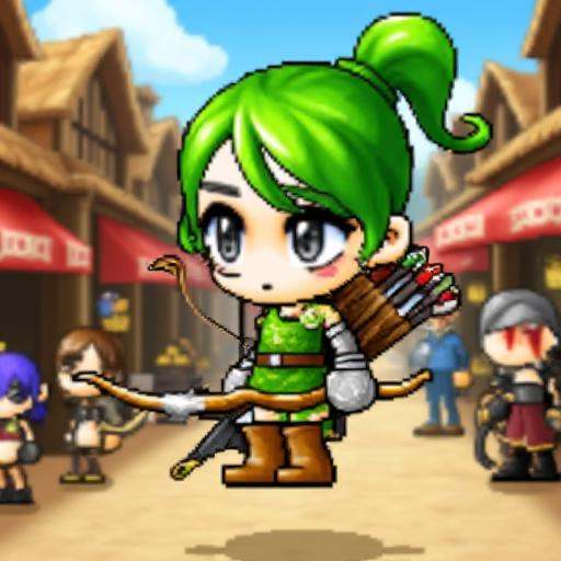 A cute,  chibi archer with long green hair tied in a ponytail,  leaping through the air while shooting an arrow. She wears...