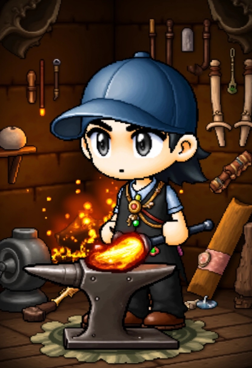 A chibi blacksmith working in a small,  cozy workshop. The character is hammering a glowing piece of metal on an anvil,  w...