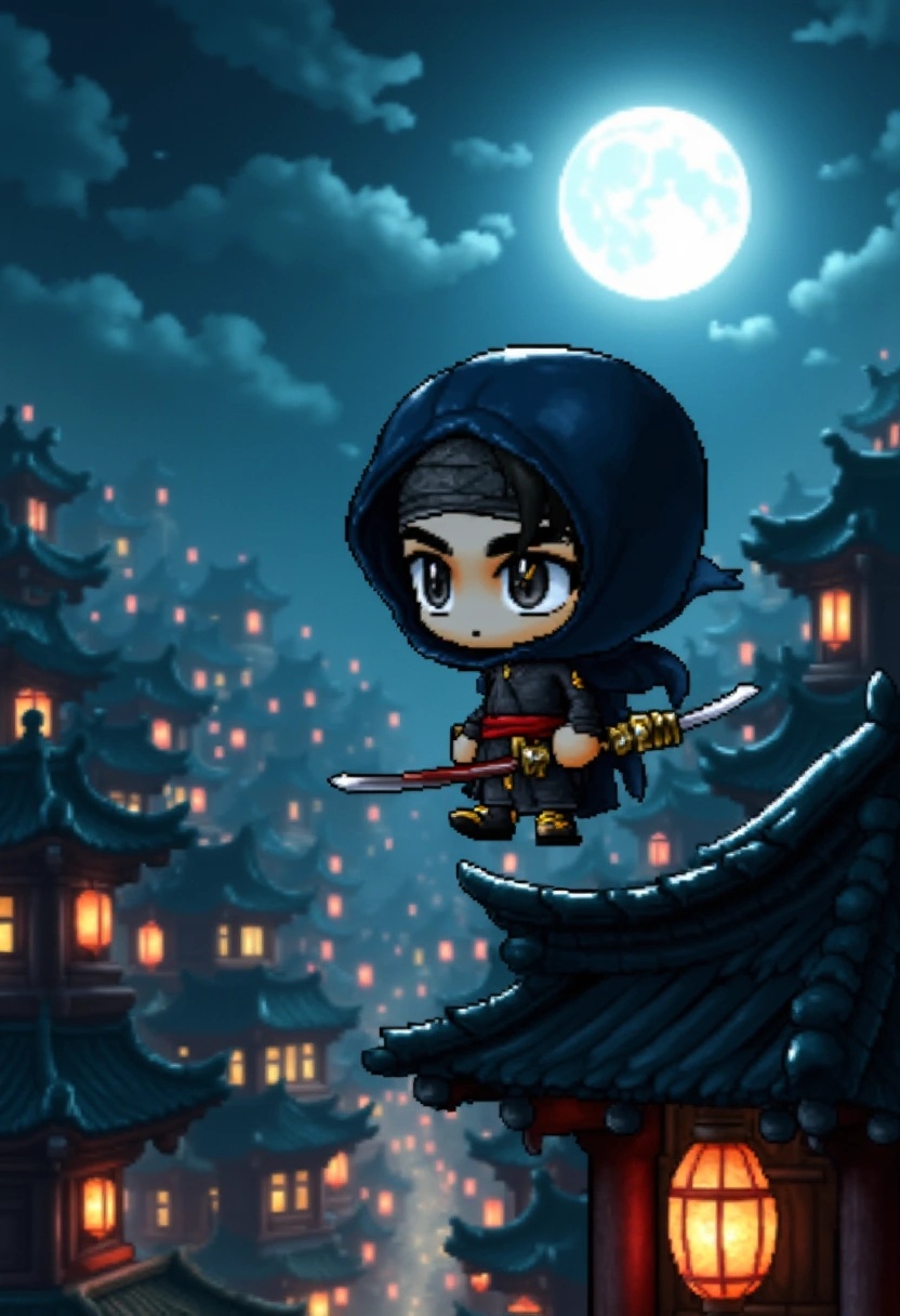 A chibi stealthy ninja dressed in dark clothes,  leaping across rooftops in a bustling,  ancient city at night. The moon i...
