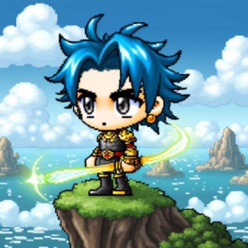 A young warrior with spiky blue hair,  wearing intricately designed golden armor,  stands atop a floating island. The char...