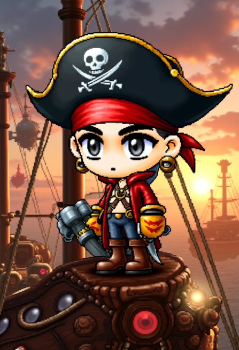 A chibi pirate captain with a large tricorn hat,  mechanical arm,  and stylish red coat on Tensor.Art