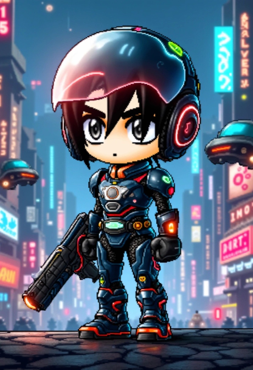 A chibi character in futuristic armor,  standing in a bustling cyberpunk city. Neon lights reflect off their suit,  and th...