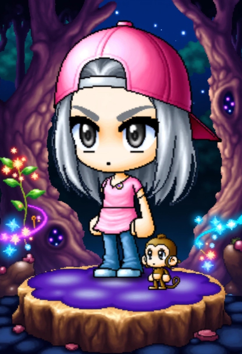A chibi-style character with medium-length silver hair,  wearing a pink baseball cap and casual clothing,  including a pin...