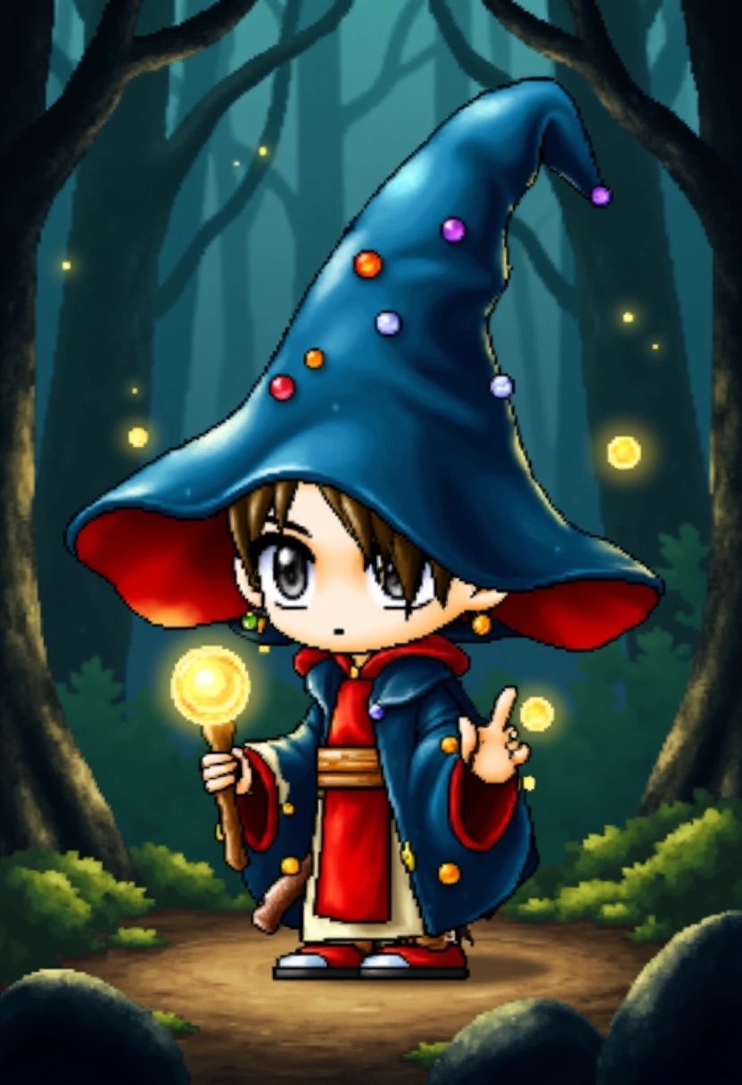 A cute mage with oversized robes and a tall pointed hat,  casting a spell in a magical forest. Glowing orbs float around t...