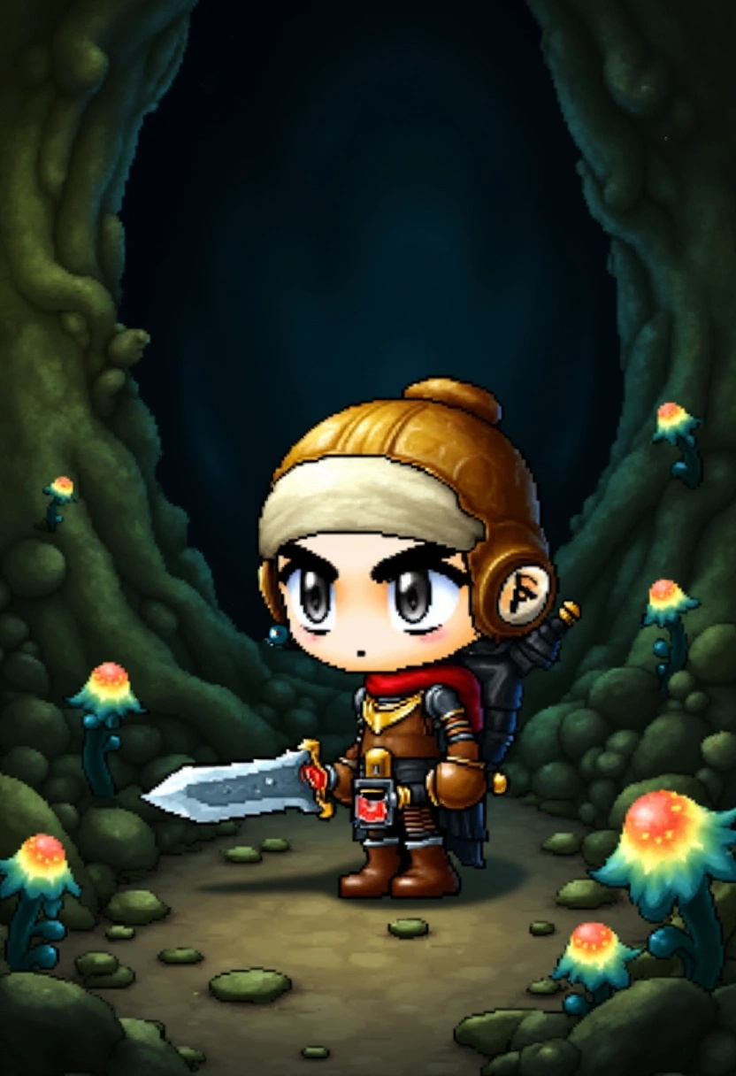 A chibi adventurer with a large sword,  brown leather armor,  and a mischievous grin exploring a dark dungeon. The walls a...