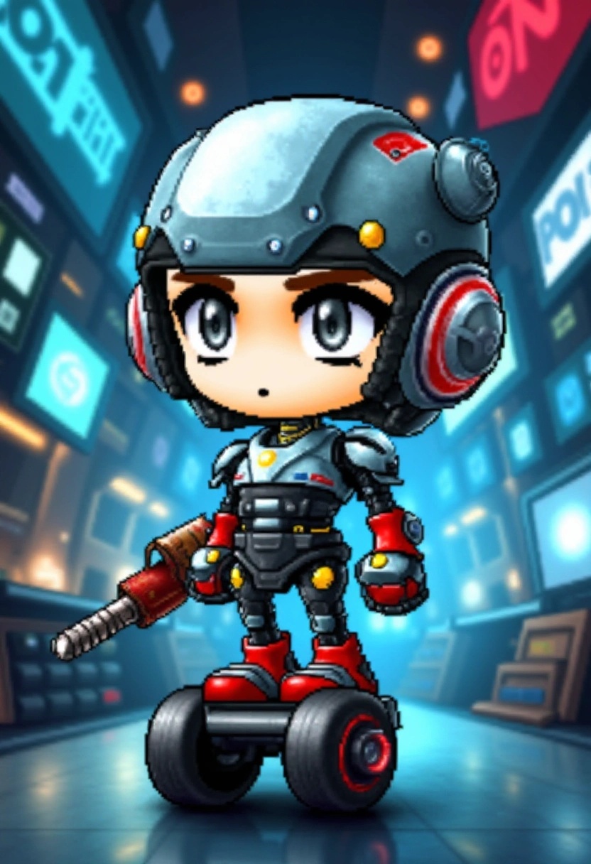 A chibi robot character with shiny metallic armor,  rolling through a high-tech laboratory filled with glowing screens and...