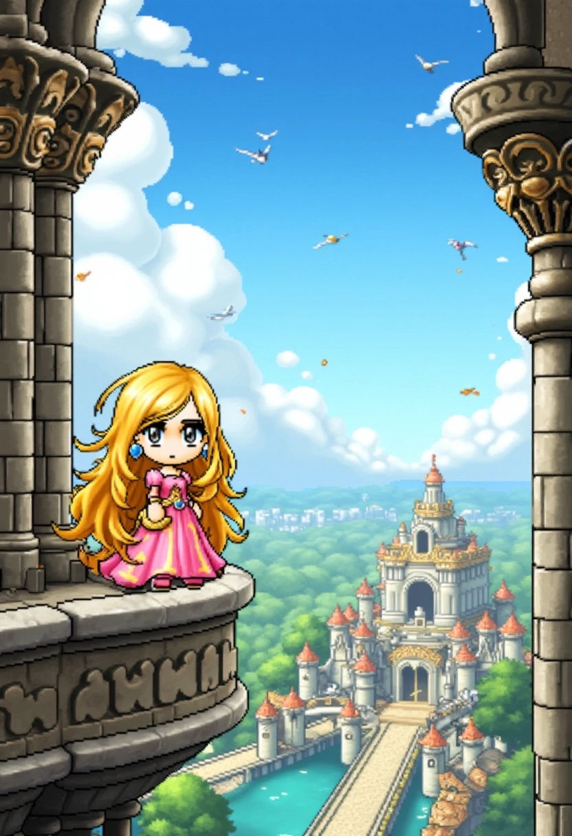 A chibi princess with long flowing blonde hair,  dressed in a pink and gold gown,  standing on the balcony of a grand cast...