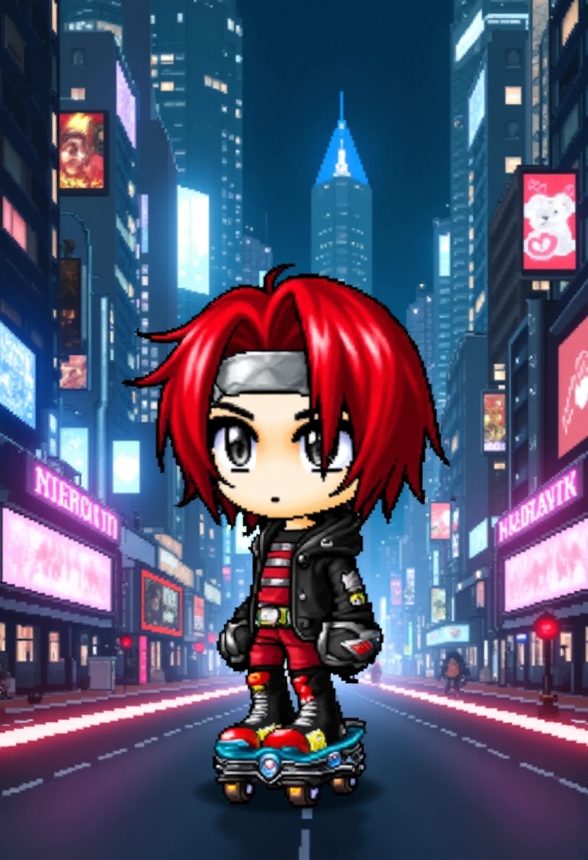 A chibi character with short red hair and a black leather jacket,  riding a hoverboard through a futuristic city. Neon lig...