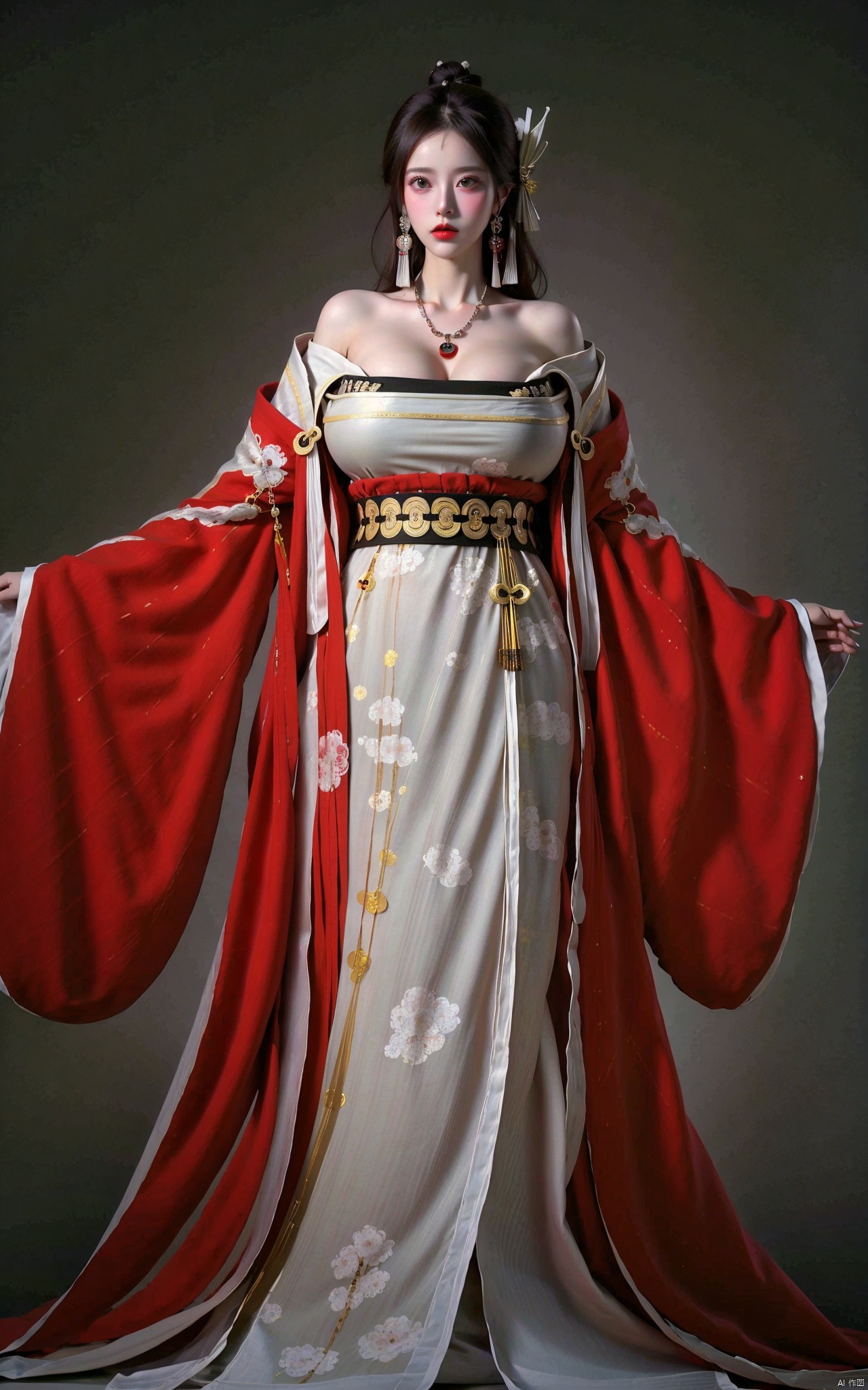 1girl solo breasts looking at viewer black hair holding cleavage bare shoulders jewelry standing full body earrings necklace chinese clothes hand fan folding fan red lips holding fan hanfu
