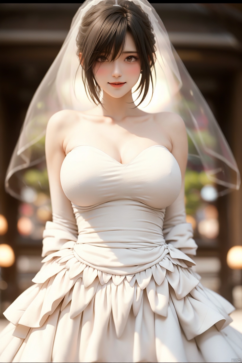 1girl solo breasts looking at viewer blush smile short hair large breasts black hair dress bare shoulders elbow gloves white dress hair over one eye speech bubble letterboxed veil wedding dress bridal veil bride
