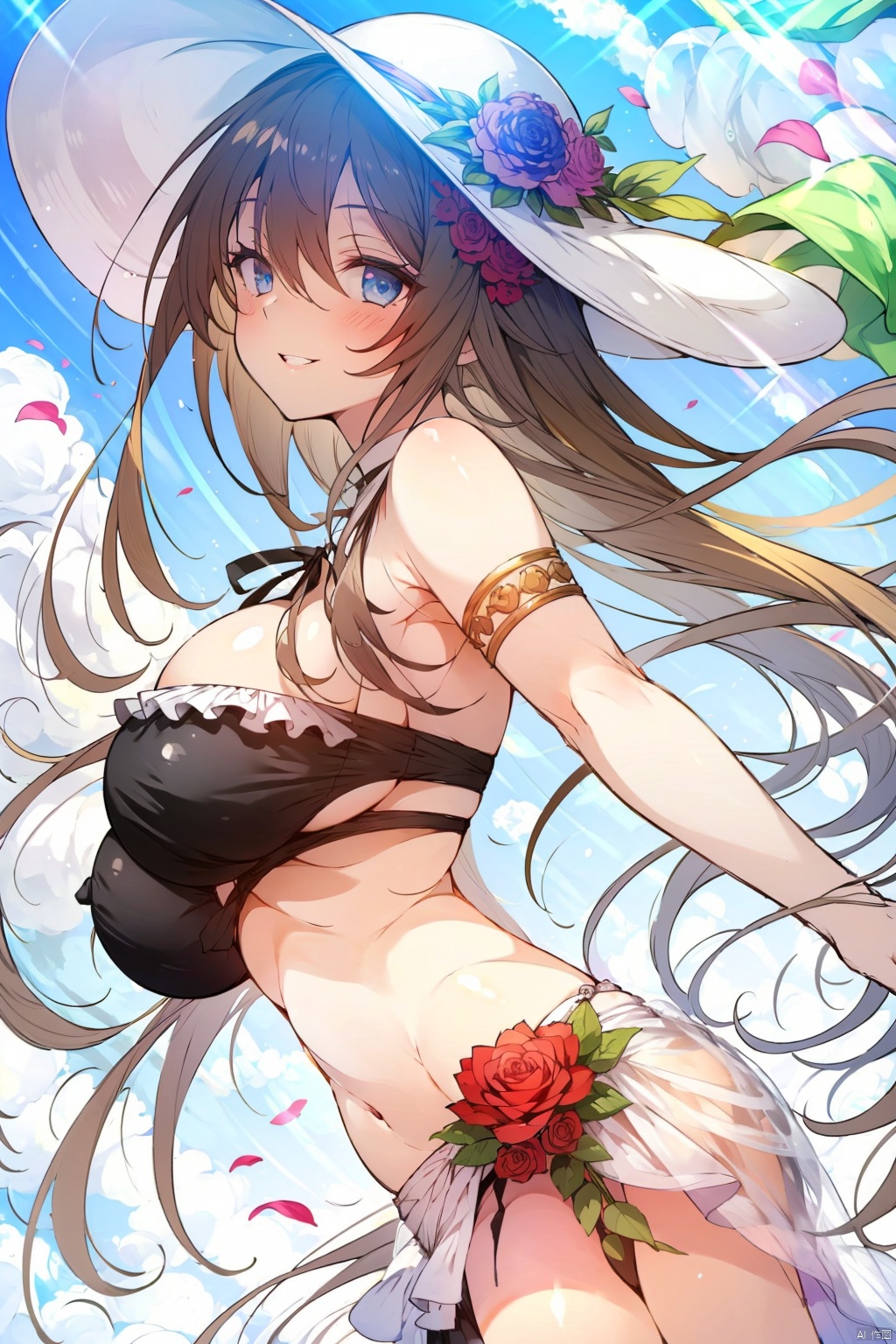 1girl solo long hair breasts looking at viewer smile bangs blue eyes large breasts brown hair hat ribbon hair between eyes bare shoulders very long hair swimsuit flower bikini outdoors parted lips sky day cloud from side official alternate costume blue sky petals black bikini rose white headwear sunlight armlet sun hat hat flower sarong