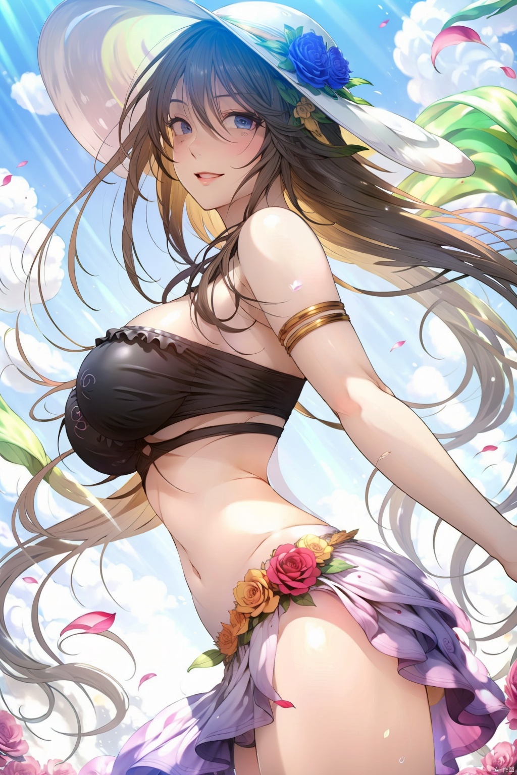 1girl solo long hair breasts looking at viewer smile bangs blue eyes large breasts brown hair hat ribbon hair between eyes bare shoulders very long hair swimsuit flower bikini outdoors parted lips sky day cloud from side official alternate costume blue sky petals black bikini rose white headwear sunlight armlet sun hat hat flower sarong