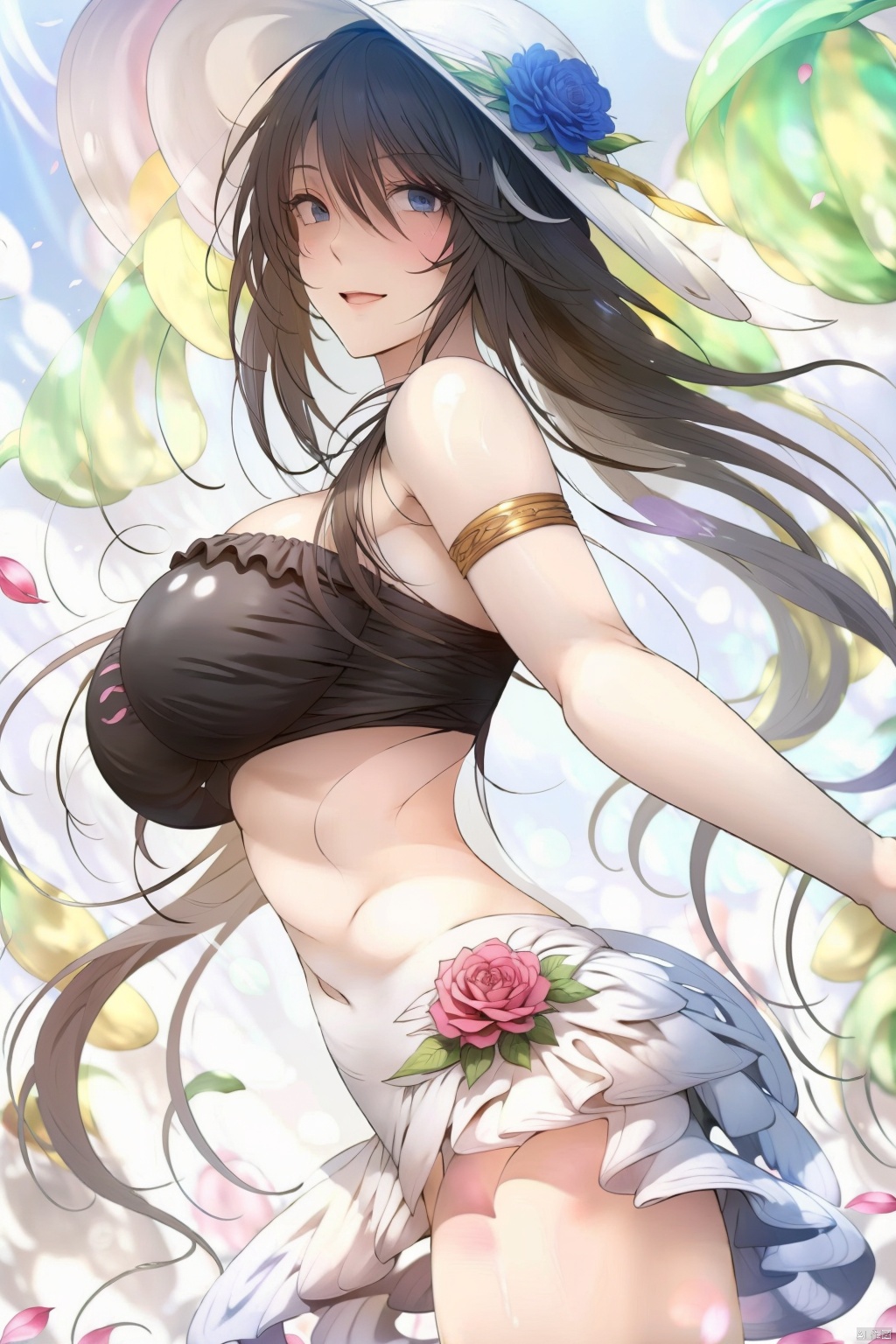 1girl solo long hair breasts looking at viewer smile bangs blue eyes large breasts brown hair hat ribbon hair between eyes bare shoulders very long hair swimsuit flower bikini outdoors parted lips sky day cloud from side official alternate costume blue sky petals black bikini rose white headwear sunlight armlet sun hat hat flower sarong