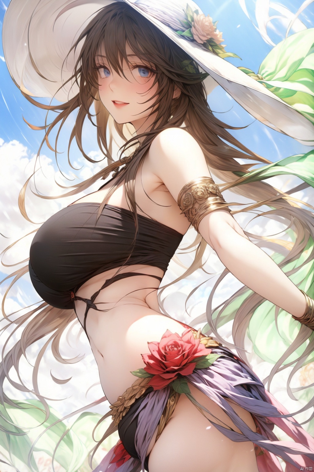 1girl solo long hair breasts looking at viewer smile bangs blue eyes large breasts brown hair hat ribbon hair between eyes bare shoulders very long hair swimsuit flower bikini outdoors parted lips sky day cloud from side official alternate costume blue sky petals black bikini rose white headwear sunlight armlet sun hat hat flower sarong
