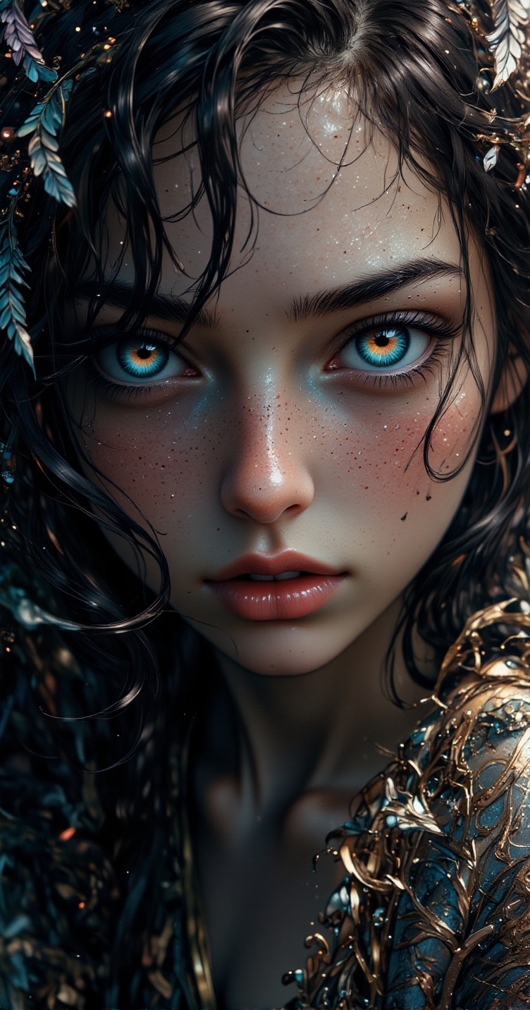 Create a realistic and intense portrait of a woman,  her piercing gaze holding the viewer. She has striking,  vivid eyes t...
