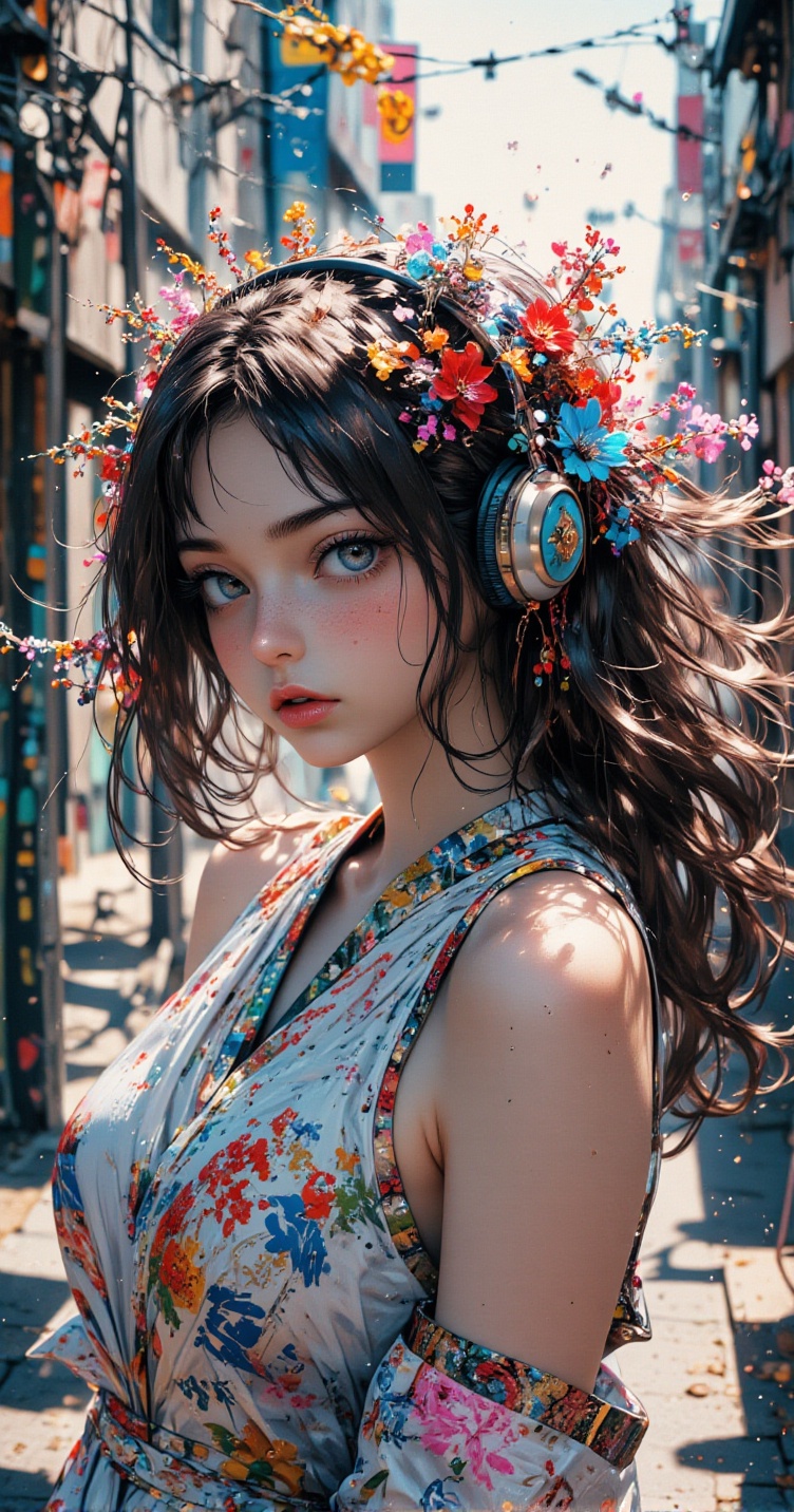 model girl wearing headphones,  city background,  intricate details on Tensor.Art