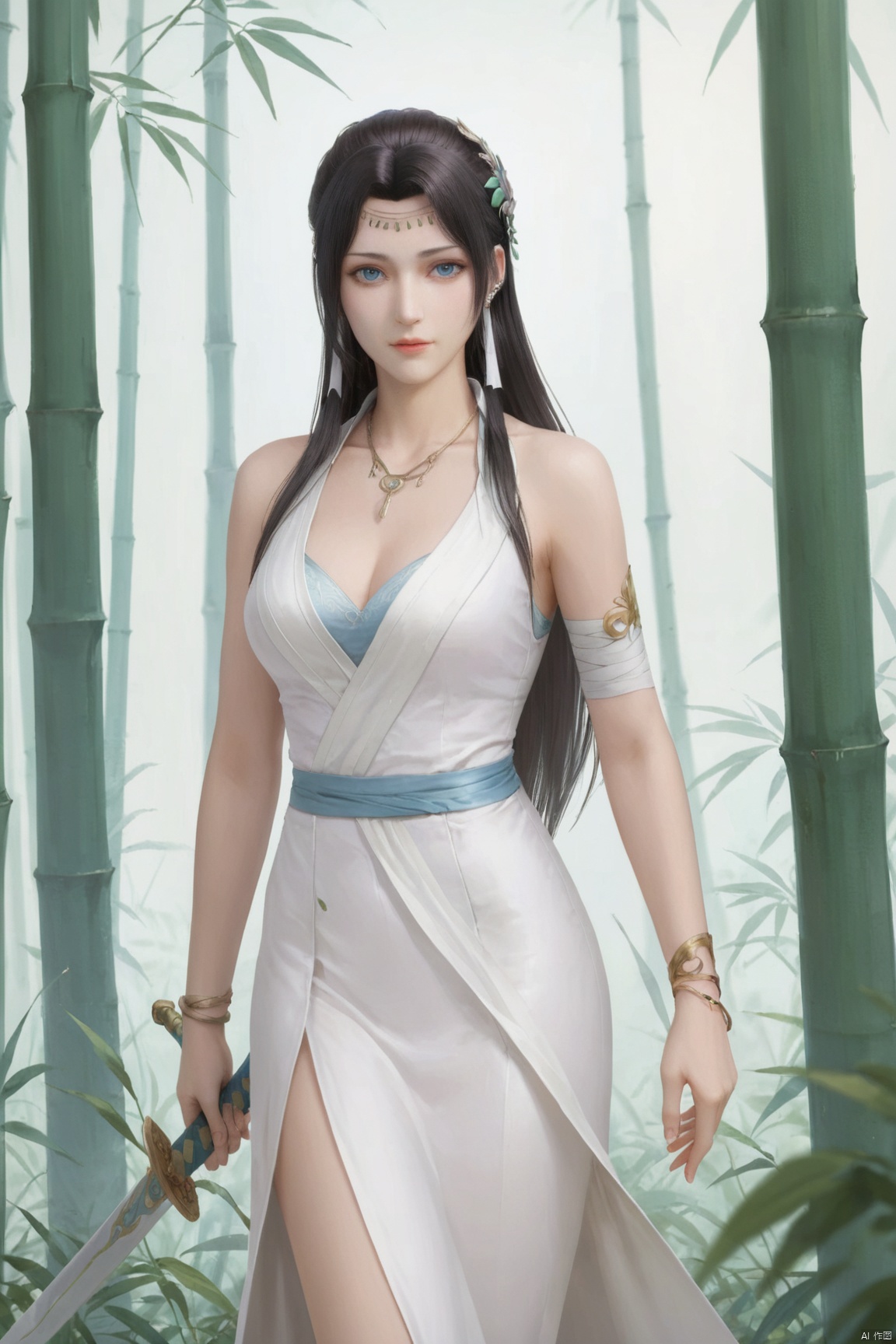 score_9_up,score_8_up,score_7_up, YunYun,1girl, solo, long hair, looking at viewer, blue eyes, black hair, hair ornament, dress, jewelry, weapon, earrings, sword, necklace, white dress, bracelet, bandages, bamboo, holding weapon, 