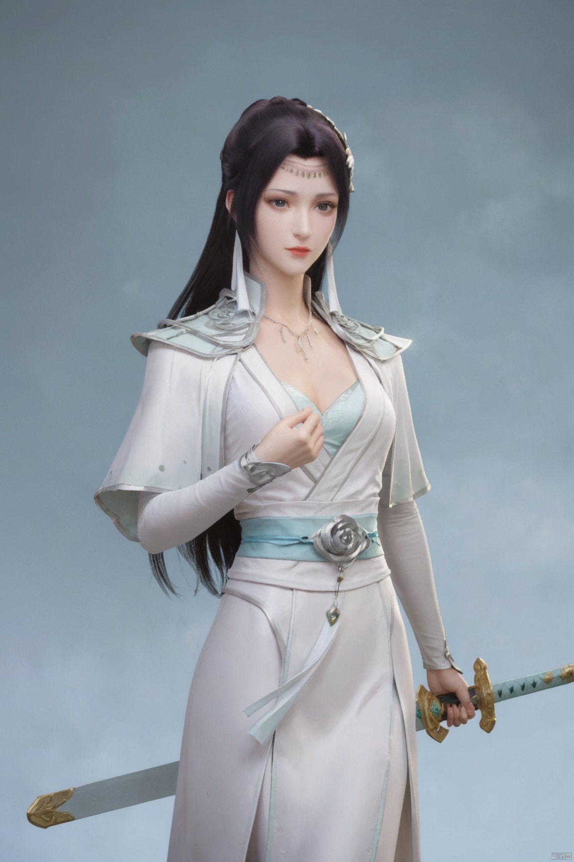score_9_up,score_8_up,score_7_up, YunYun,1girl, solo, long hair, black hair, hair ornament,scabbard,white dress, holding sword, jewelry, upper body, white dress, sash,