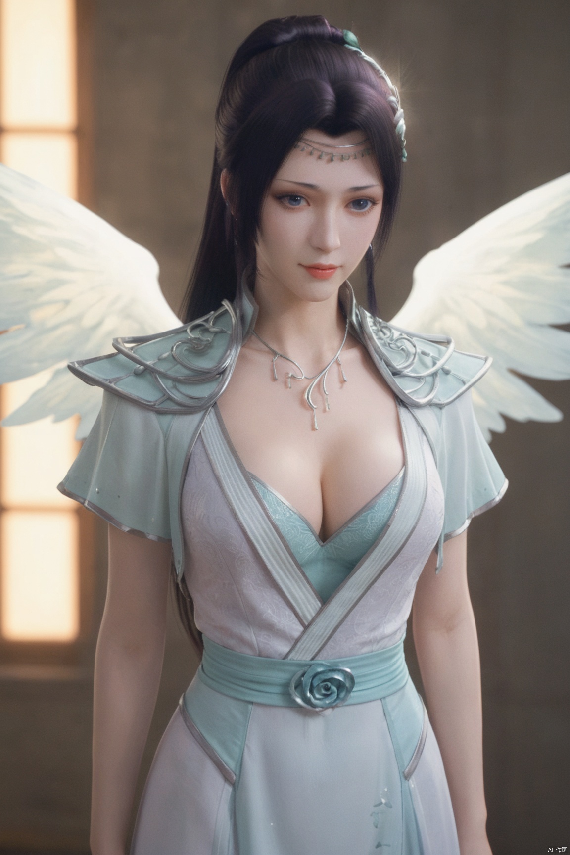 score_9_up,score_8_up,score_7_up, YunYun,1girl, solo, long hair, breasts, black hair, dress, cleavage, jewelry, ponytail, wings, letterboxed