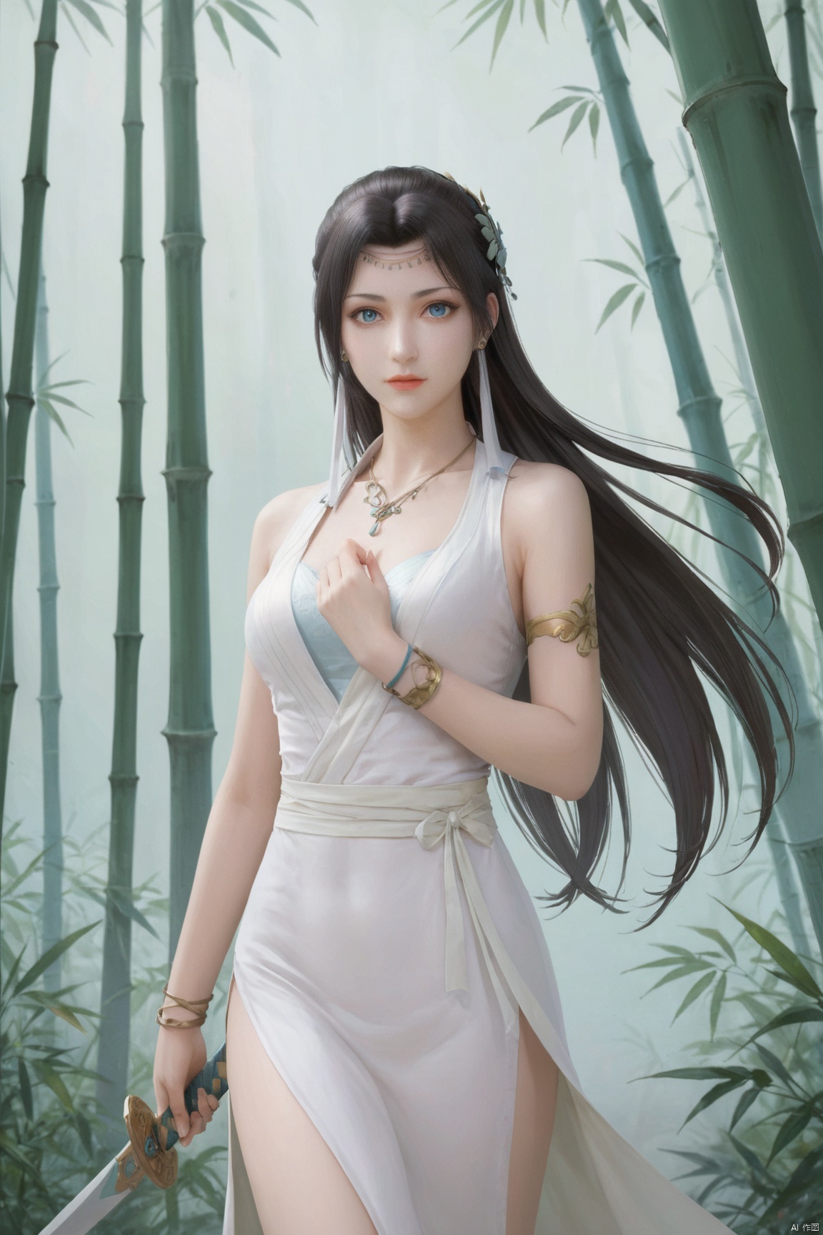 score_9_up,score_8_up,score_7_up, YunYun,1girl, solo, long hair, looking at viewer, blue eyes, black hair, hair ornament, dress, jewelry, weapon, earrings, sword, necklace, white dress, bracelet, bandages, bamboo, holding weapon, 