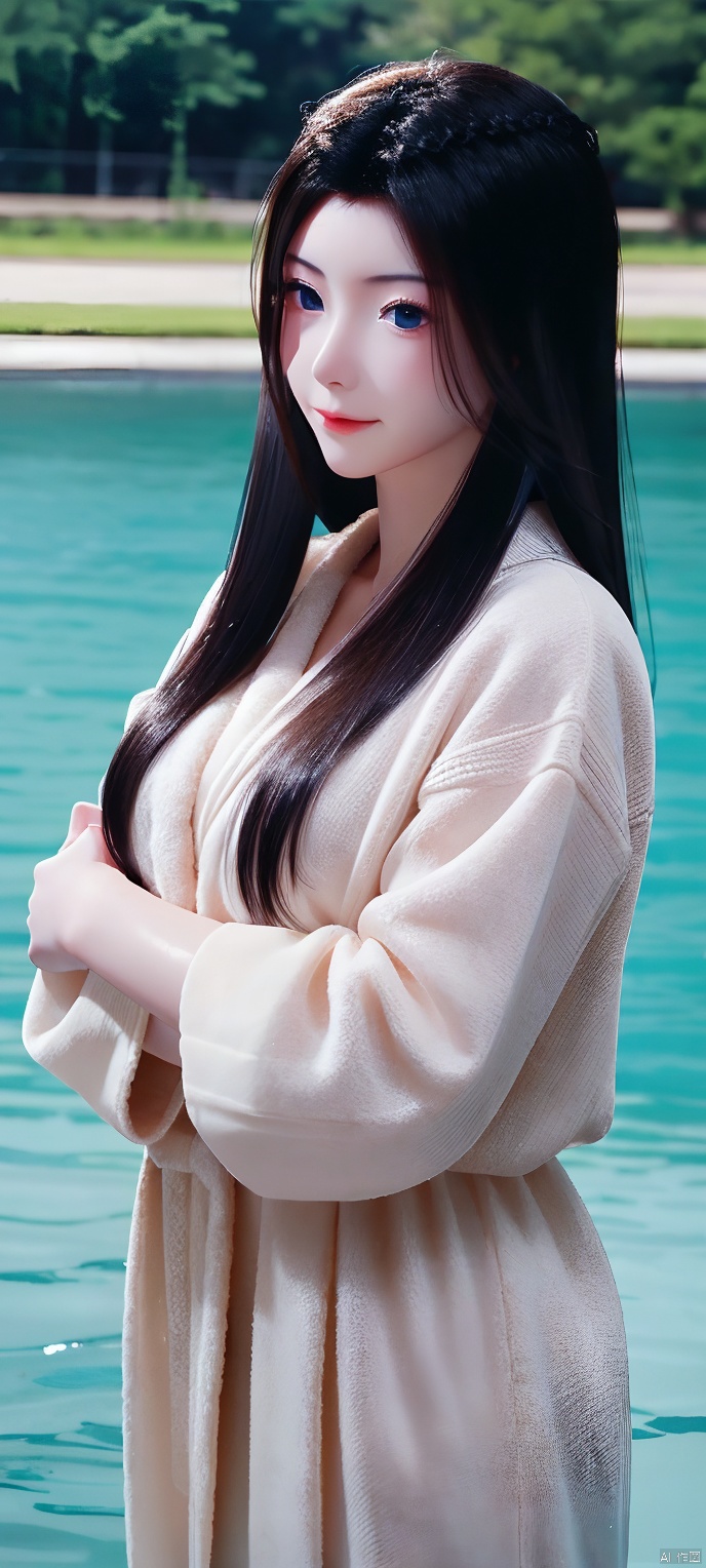 1girl, solo, bathrobe, In the lake, take a bath, bath towel, looking at viewer, masterpiece, best quality
