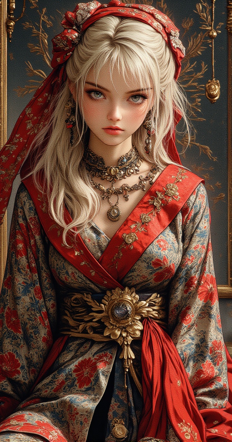 semi-realistic,  beautiful russian woman,  blonde hair and red patterned headscarf on Tensor.Art