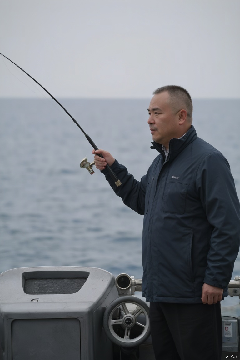 1man,a chinese middle-aged men,he is fishing,