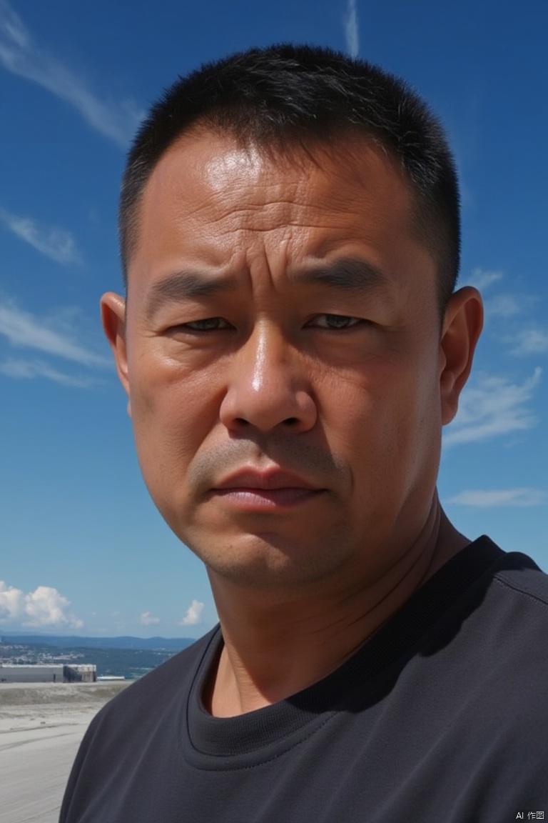 1man,
The man's sharp gaze was set off by a close-up shot of his rugged face, His nervous expression conveyed his contemplative nature. The deep blue sky and slender clouds create a dramatic backdrop for this action packed portrait painting.