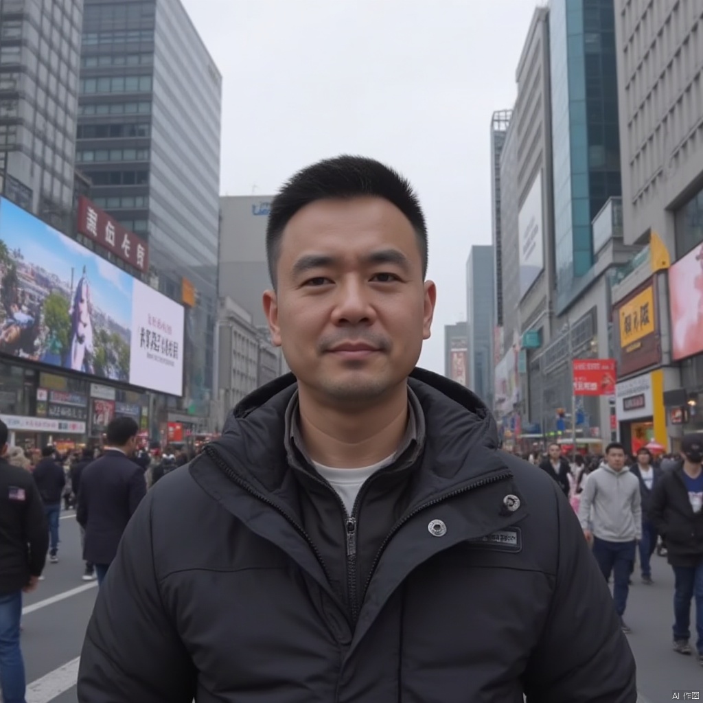 The photo shows a man. In an era when technology was relatively developed, high-rise buildings were crowded. Some of the buildings had electronic screens displaying game video advertisements. There were many pedestrians on the street, but this man stood out so prominently with his handsome face.