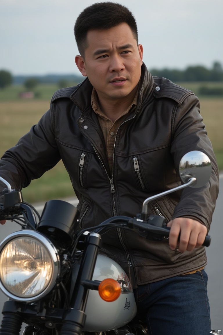1man,
A young man wearing a leather jacket and riding a motorcycle is extremely cool