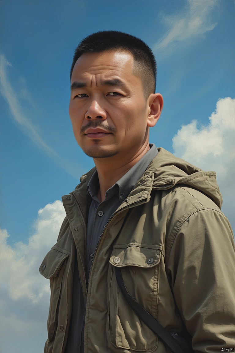 A solitary figure: one man, standing tall amidst a turbulent blue sky with wispy clouds streaking across the canvas. His rugged features, captured in a close-up shot, exude a sense of introspection as his sharp gaze pierces through the atmosphere. The subtle play of light and shadow on his weathered skin adds depth to this powerful portrait painting, where every line and crease tells a story of adventure and contemplation.,1man,mature male
