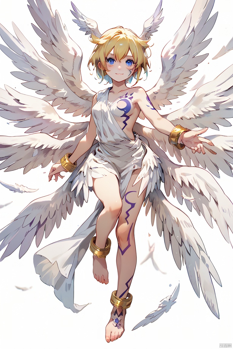 score_9,score_8,score_7, 1girl, solo, breasts, blush, smile, short hair, blue eyes, blonde hair, wings, bracelet, tattoo, head wings, angel wings, multiple wings, angel, peplos, simple background, white background, full body, anklet,