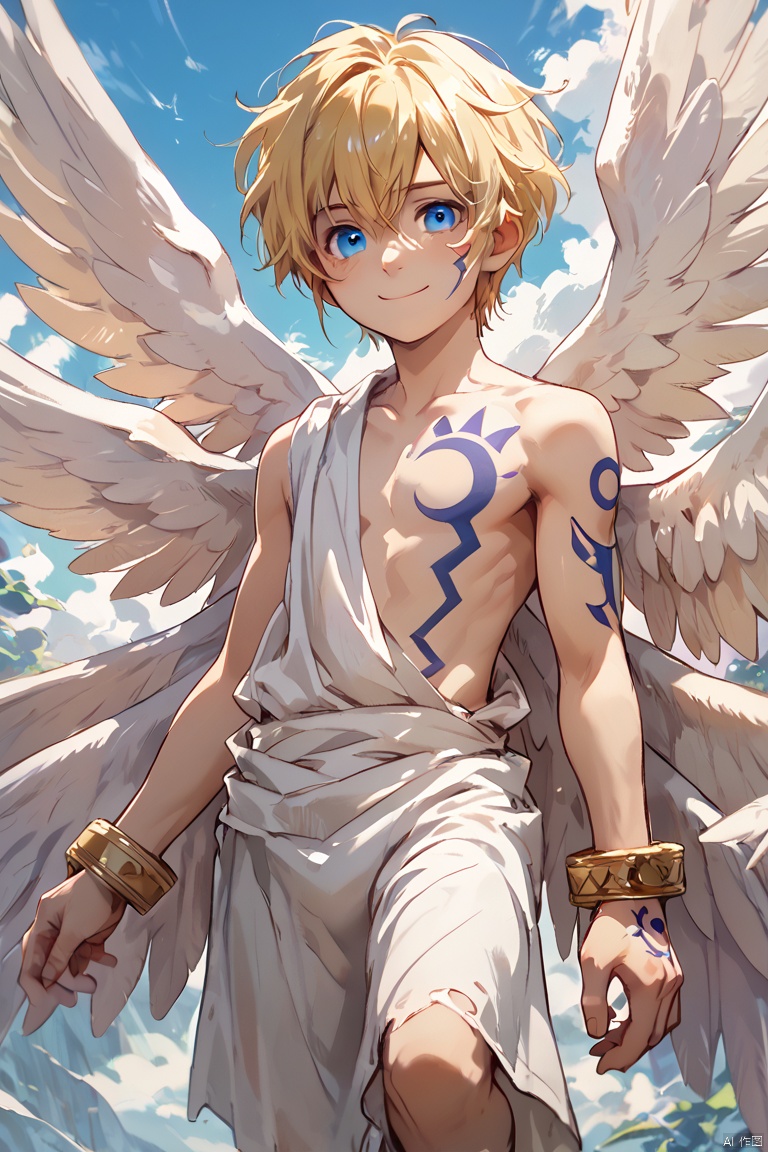score_9,score_8,score_7, 1boy, solo, blush, smile, short hair, blue eyes, blonde hair, wings, bracelet, tattoo, 