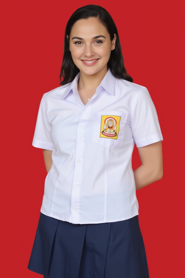 smp_uniform,  A medium full shot of realistic gal gadot,  a woman wearing white collared button-down shirt adorned with a...