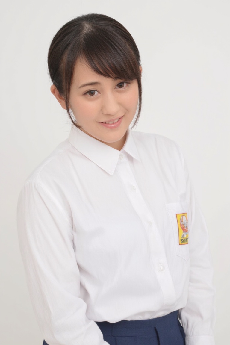 smp_uniform,  A medium full shot of realistic ben1,  a woman wearing white collared button-down shirt adorned with a smp_l...