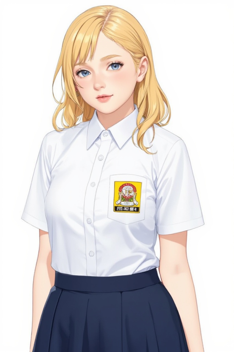 smp_uniform,  A medium full shot of Anime Style a long blonde haired woman wearing white collared button-down shirt adorne...