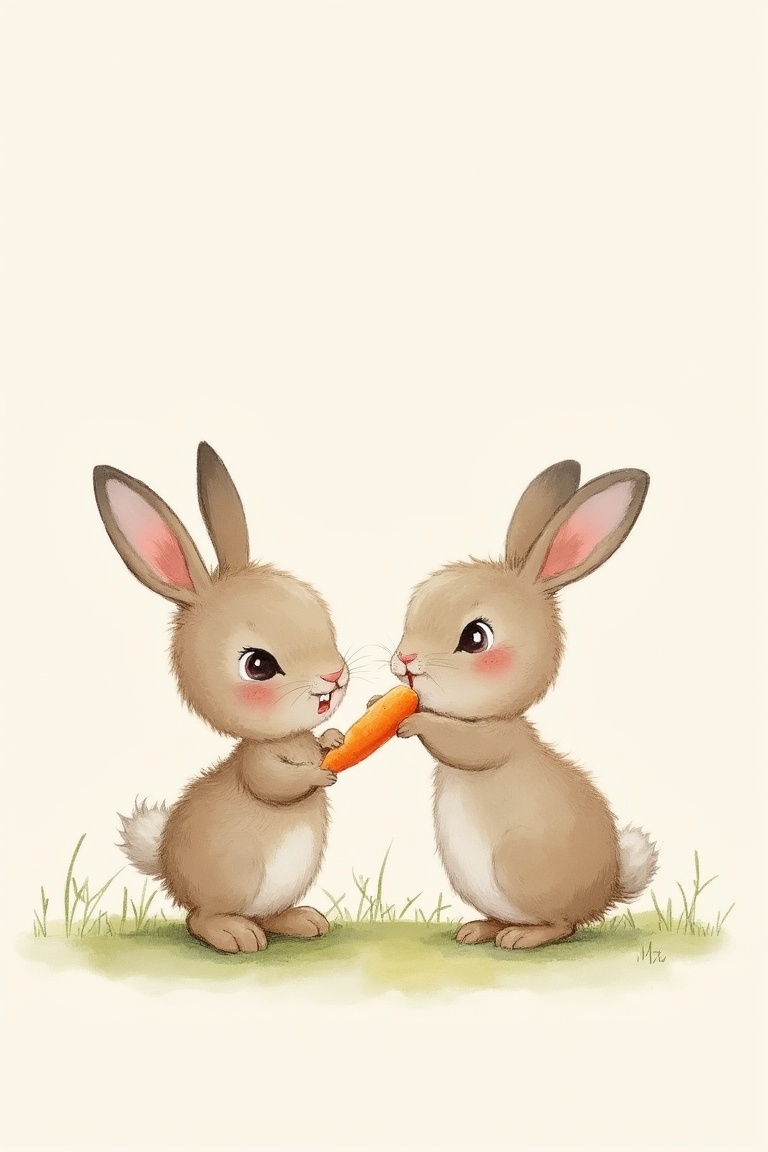 by_M_T_Ross,  high quality kids illustration of two baby bunnies sharing a carrot,  with their noses touching and tails wa...