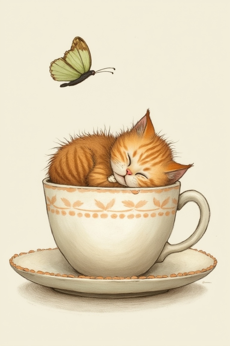 by_M_T_Ross,  high quality kids illustration of a tiny kitten curled up in a teacup,  peacefully sleeping while a butterfl...