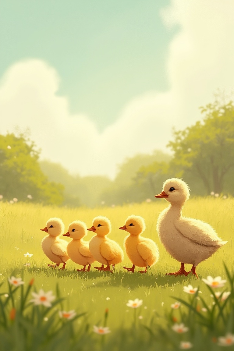 by_M_T_Ross,  high quality kids illustration of fluffy ducklings waddling in a line,  following their mother through a sun...