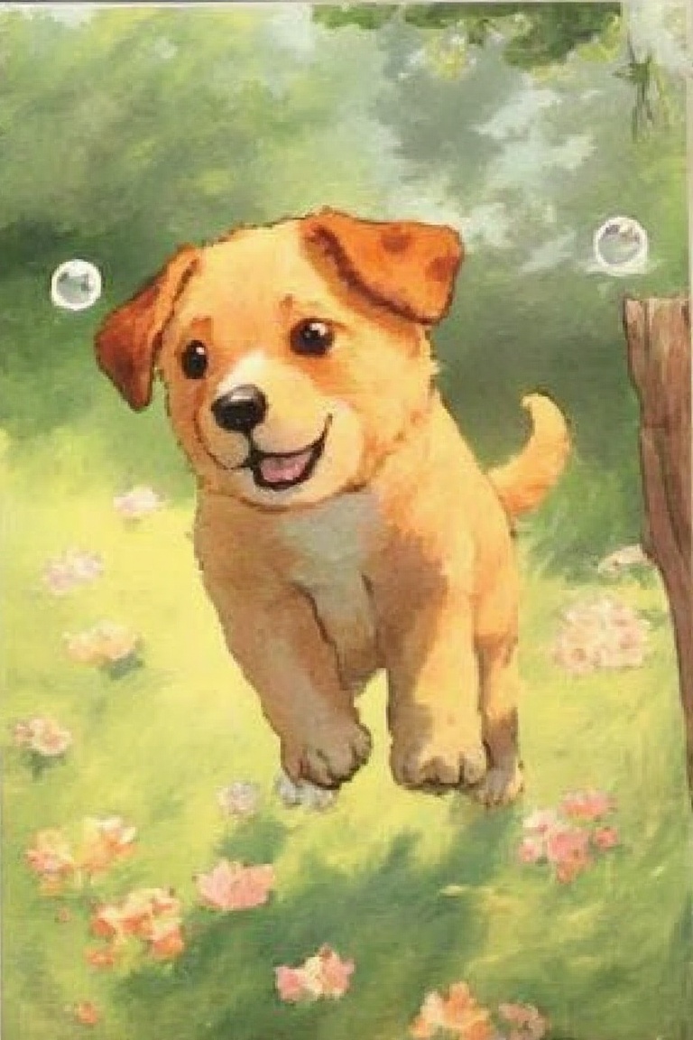 by_M_T_Ross,  high quality kids illustration of a puppy chasing bubbles in a garden,  eyes wide with excitement. on Tensor...