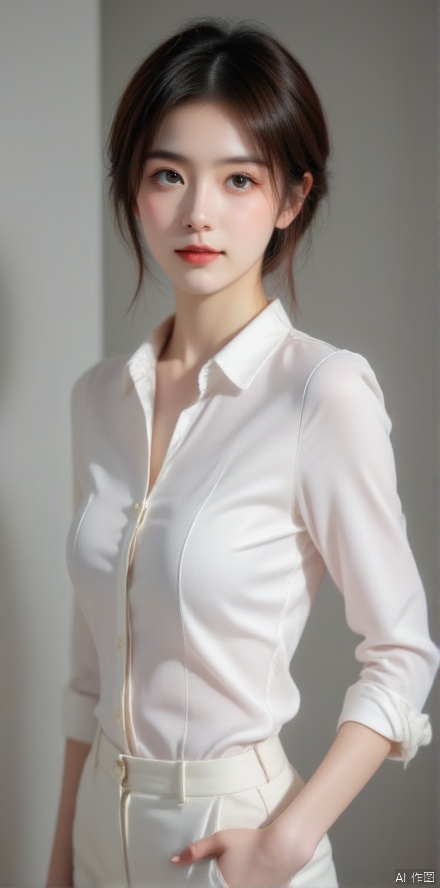 A stunning beauty girl with a short haircut poses confidently in front of a sleek, modern backdrop. Her adapted uniform - a crisp white shirt and tailored pants - accentuates her toned physique. Soft, natural lighting illuminates her flawless skin, while a subtle smile plays on her lips, exuding an air of quiet elegance.