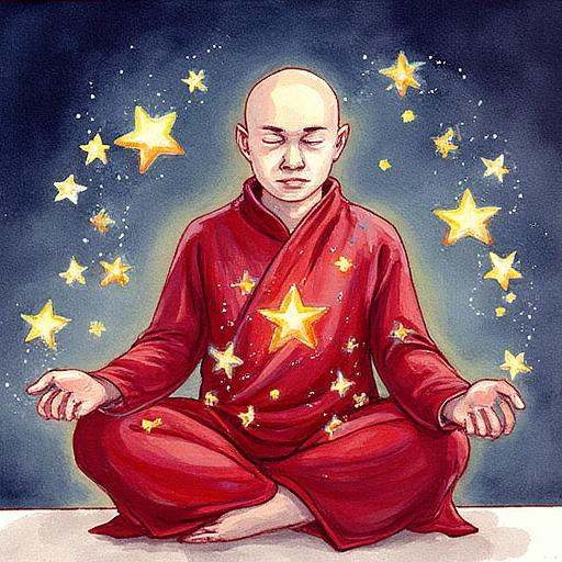 Surreal art. Watercolor painting of a meditating monk like figure wearing a red robe. The robe has a star pattern and some...