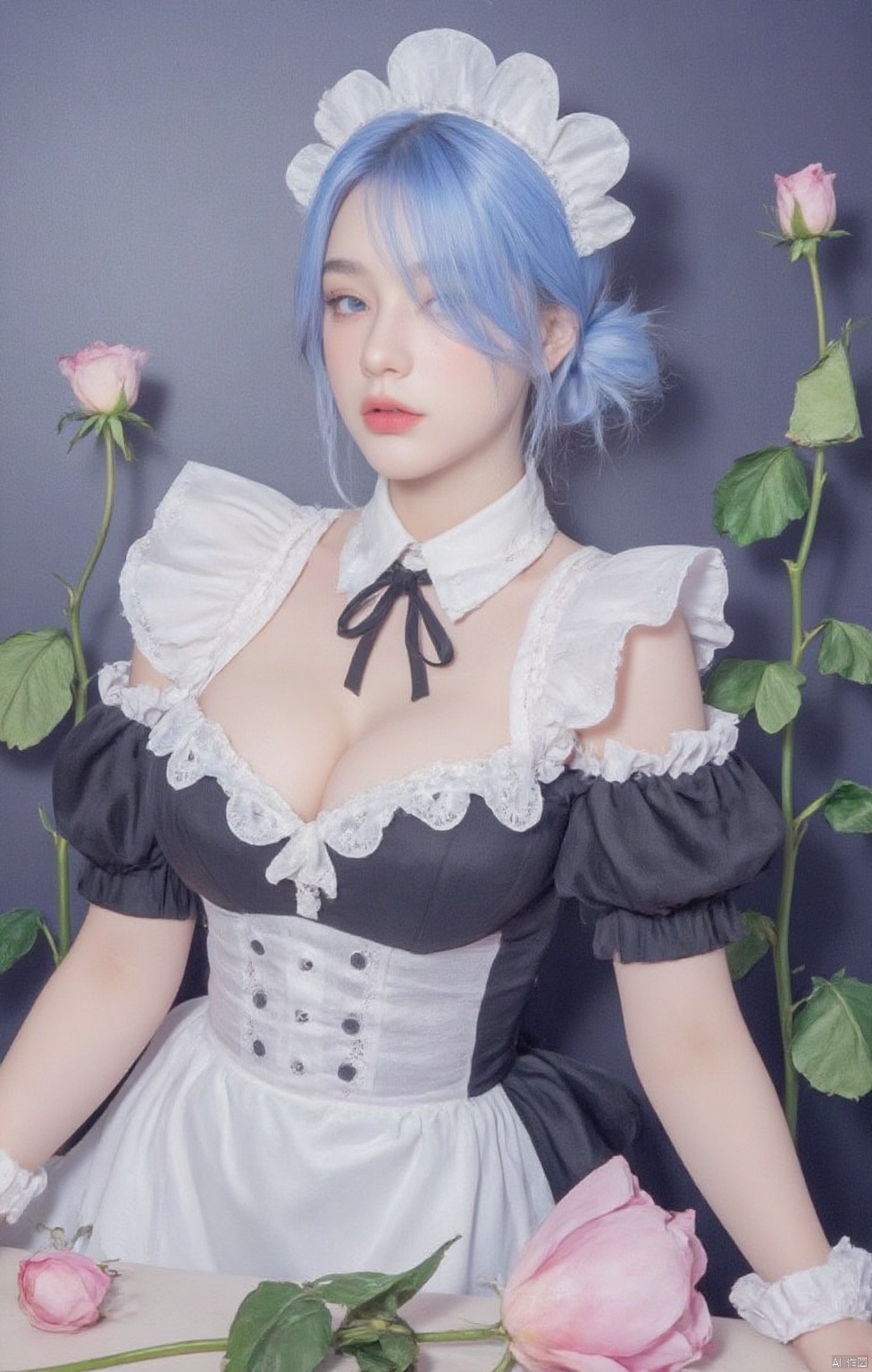  1girl, maid headdress, rem \(re:zero\), solo, pseudo impasto, best quality, gradient background, from side, looking at viewer, sitting, blush, parted lips, blue eyes, hair over one eye, blue hair, short hair, x hair ornament, hair ribbon, bangs, roswaal mansion maid uniform, detached sleeves, bare shoulders, frills, black ribbon, petals, bow,huge Breasts,cleavage