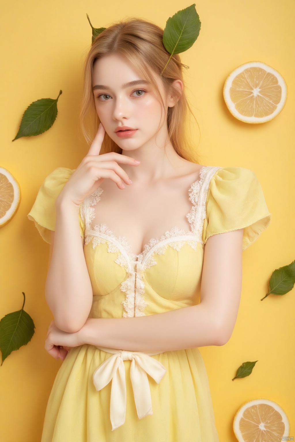 The image is an illustration of a girl with blonde hair and a green leaf on her head. She is wearing a yellow dress with white lace trim and a white ribbon tied around her waist. The dress has a sweetheart neckline and short sleeves. The girl is standing in front of a yellow background with lemon slices scattered around her. She has a thoughtful expression on her face and her hand is resting on her chin, as if she is deep in thought. The overall style of the illustration is cute and whimsical.Realism, photo, artistic photo
