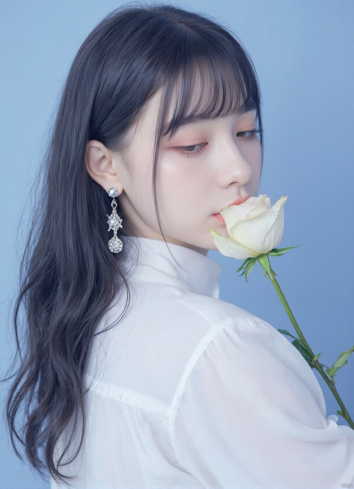 1girl, solo, long hair, bangs, simple background, shirt, black hair, jewelry, blue hair, closed eyes, white shirt, upper body, flower, earrings, blue background, white flower, blue theme