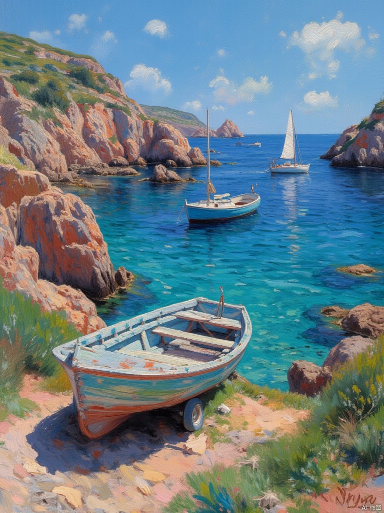 OByouhua,oil painting,This image is a vibrant, colorful oil painting depicting a serene coastal scene. In the foreground, there is a weathered wooden rowboat, painted in shades of blue, green, and white, resting on a rocky shore with patches of green grass. The boat is positioned slightly off-center to the left. Behind it, another rowboat, also in shades of blue and white, is anchored in the clear turquoise waters of the cove. The water is a gradient of blue, ranging from a deep, rich blue near the shore to a lighter, more aqua hue further out.To the right of the boats, there is a rocky cliffside with patches of greenery and small, red-tinged rocks. The cliff extends into the background, where two large, rugged rocks rise out of the water. On the left side of the painting, the cliff continues, with more greenery and rocks.In the background, on the right side, a white sailboat with a single mast is visible, sailing towards the horizon. The sky above is a bright blue with a few scattered, fluffy white clouds. The overall style of the painting is impressionistic, with bold, expressive brushstrokes that capture the light and texture of the scene.
